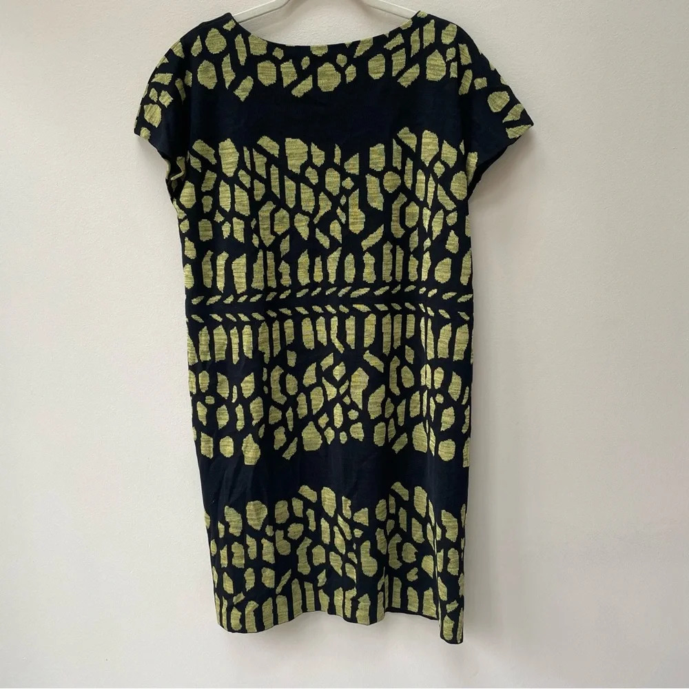 Misook Black Yellow Green Spotted Pattern Toula Cap Sleeve Graphic Dress Size L - Picture 7 of 7